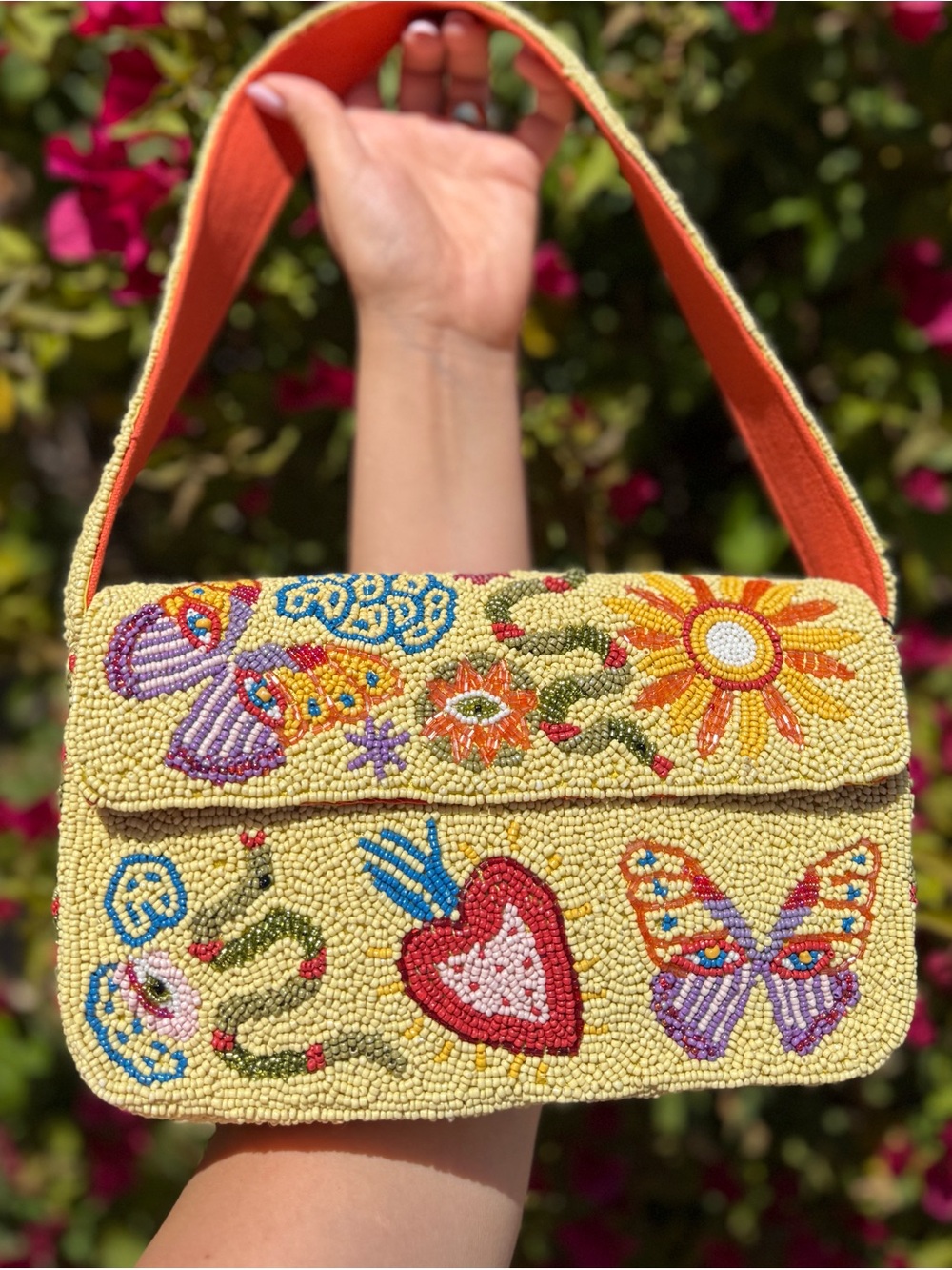 NWT America and & Beyond Flaming Heart Butterfly Snake Sun Evil Eye Beaded Bag